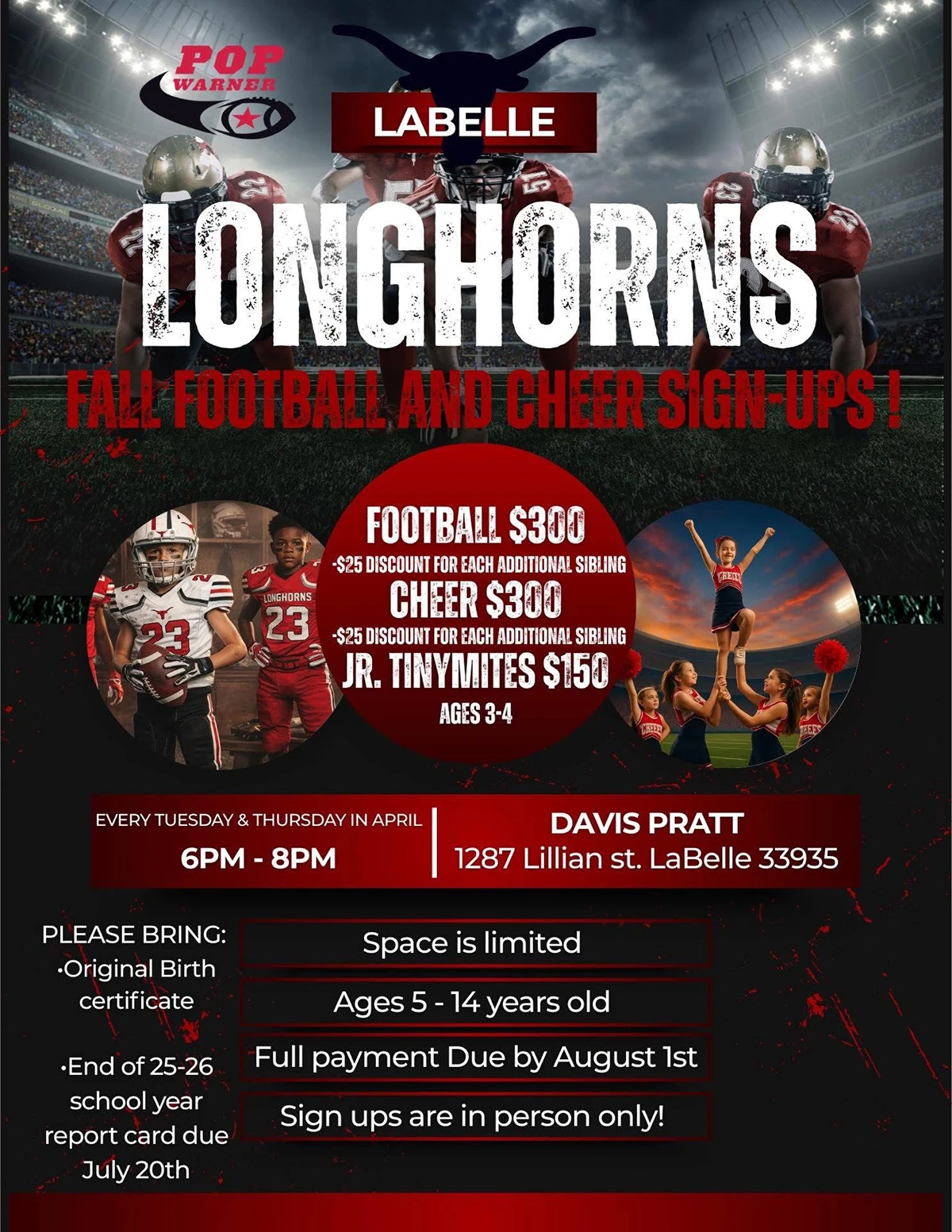 Labelle Longhorns Fall Football And Cheer Sign-Ups every Tue and Thurs in April
