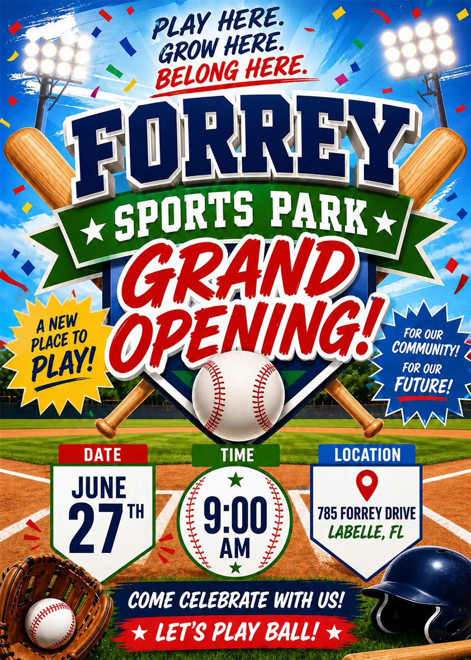 Play Here. Grow Here. Belong Here.  Forrey Sports Park Grand Opening June 27th
